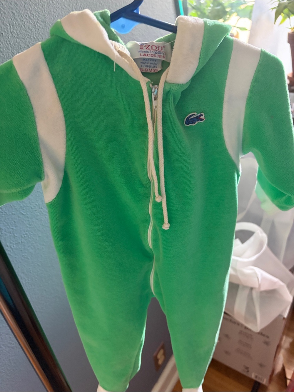 Lacoste Green and White Hooded Baby One-Piece Footie